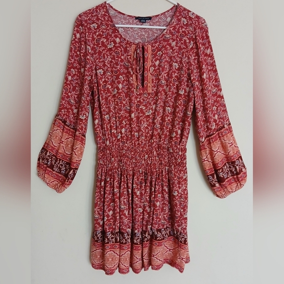 American Eagle Red and Orange Long Sleeve Floral Boho Mini Dress - Picture 7 of 12